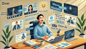 Image depicting a project manager relieved and happy during a virtual meeting, with AI meeting assistants transcribing and summarizing the meeting in real-time.